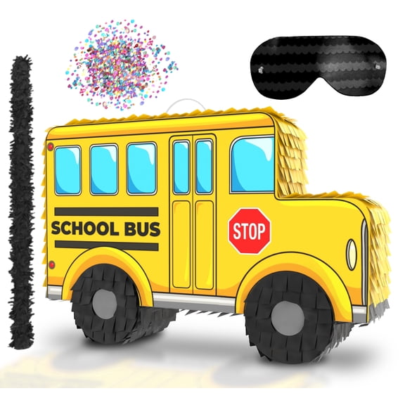 Jergrim School Bus Piata, 4-piece bundle great for cartoon birthday parties for kids, first, 2nd & 3rd birthday party decorations, classroom must-haves (17X11) Durable!