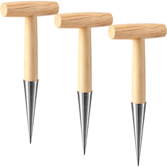 Jerify 3 Pack Hand Dibber Garden Tool 5 Inches Seed Planter with Wood Handle Hole Digger Tool Seed Dispenser for Planting Small Seeds Seedlings Sowing Seeds Transplanting Plants Planting Bulbs
