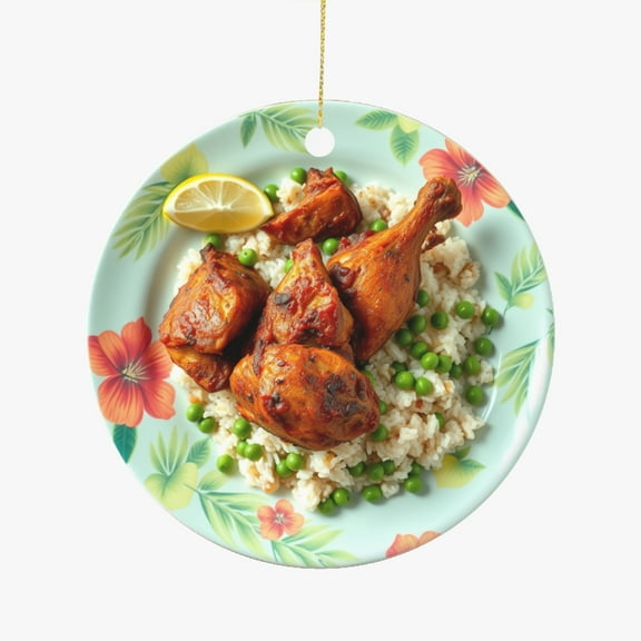 Jerk Chicken Jamaican Cuisine with Rice, Peas Jamaica Food Lovers Foodie Novelty Holiday Christmas Ornament Xmas Tree Gift (Flat Design Printed on Ceramic, Not 3D)