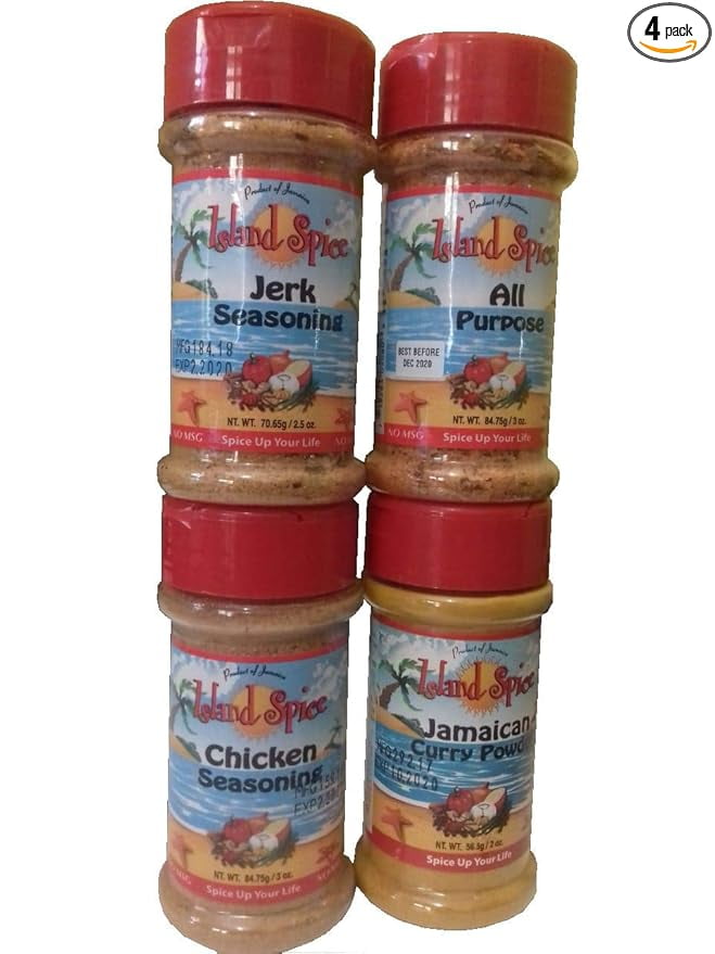 Jerk Seasoning, All Purpose, Chicken Seasoning and Jamaican Curry Power by Island Spice - 4 Pack