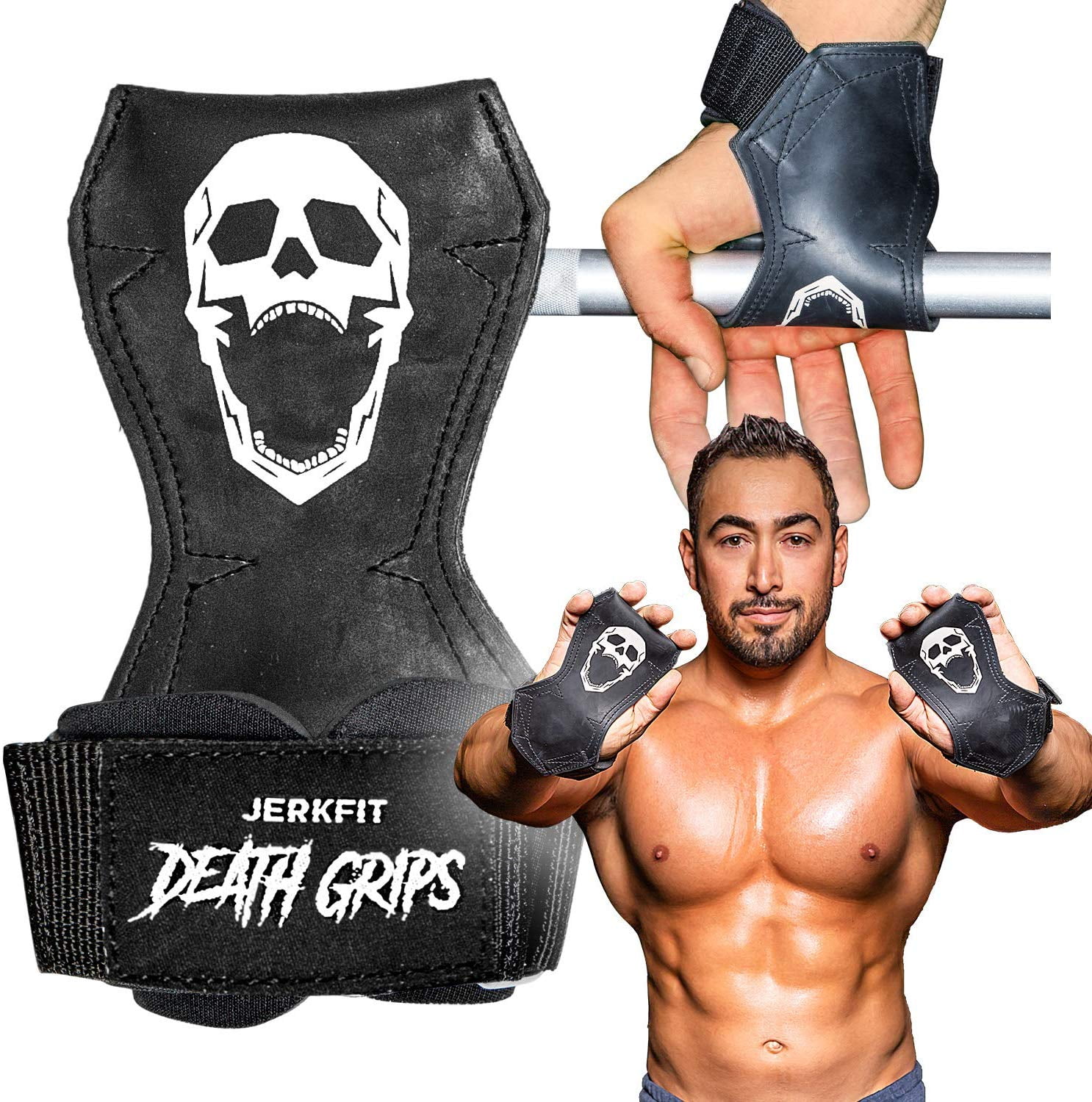 JerkFit Death Grips, Ultra Premium Lifting Straps for Dead Lifts, Pull-UPs, and Heavy Shrugs-L (Pair)