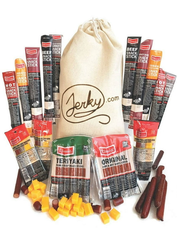Jerky Gift Basket  - 26pc Jerky Variety Pack of Beef, Pork, Turkey & Ham Snack Sticks - Meat and Cheese Gift Set