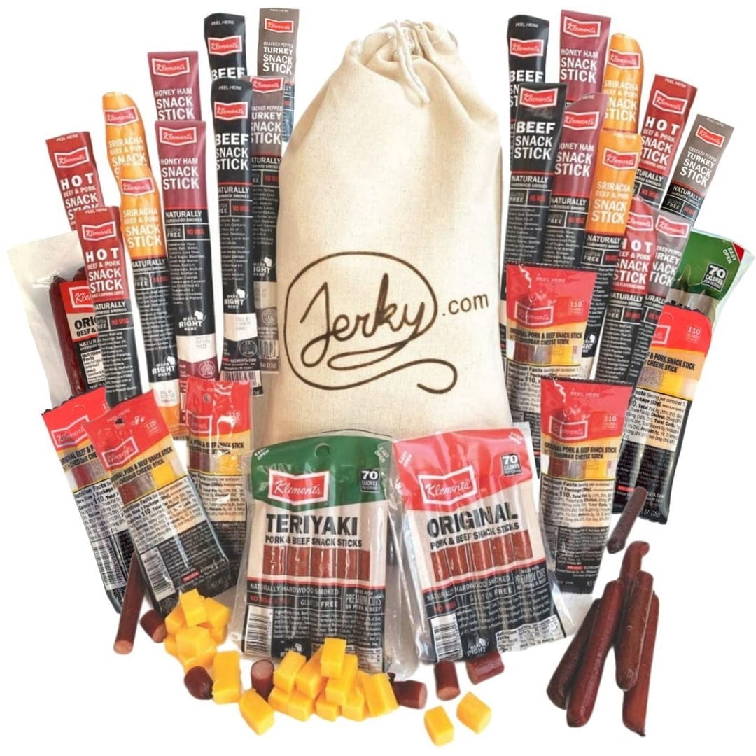 52pc Jerky Gift Basket for Men - Jerky Variety Pack of Beef, Pork, Turkey, & Ham Snack Sticks - High Protein Healthy Snack - Unique Gift for Men, Gift Baskets for Guys