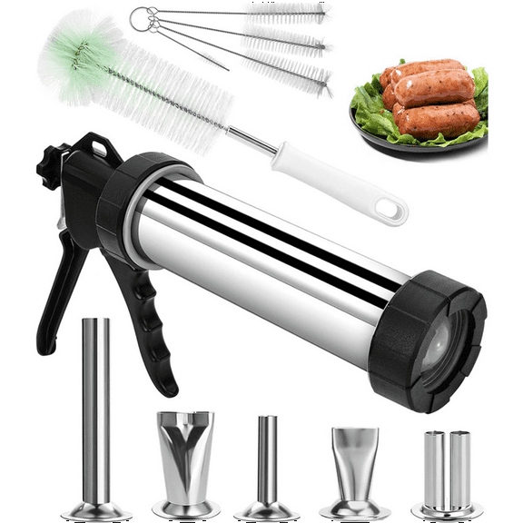 Jerky for Ground Meat, Beef Jerky Making Kit, Stainless Steel Beef Jerky Jerky Marker Sausage Stuffers,1 x Sausage Maker 5 x stainless steel nozzles 5 x cleaning brushes,As Shown