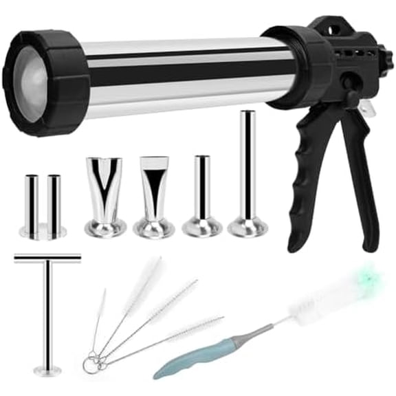 Jerky Gun Kit, 1 LB Stainless Steel Manual Sausage Stuffer Professional Jerky Maker Beef Jerky Making Tool with 5 Nozzles, 2 Brushes, Meat Pusher for Home Kitchen Restaurant