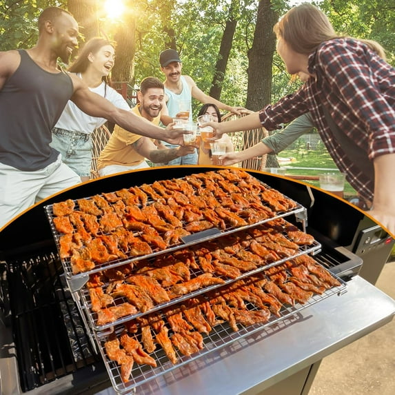 Jerky Racks for Barrel Style Pellet Grills, 21"W×17.2"L, 3 Tiered Foldable Sliding 830 in² Cooking Space Expansion Grate Accessory for Pit Boss, , Z Grill, Green Mountain and More Smoker Grills