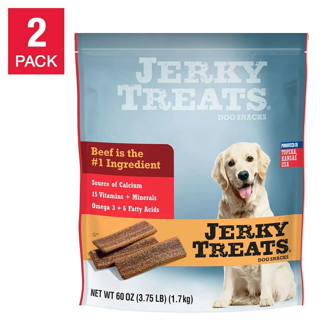 Jerky Treats American Beef Dog Snacks, 2 Count, 60 oz Made in USA, Omega 3 & 6, Calcium, 15