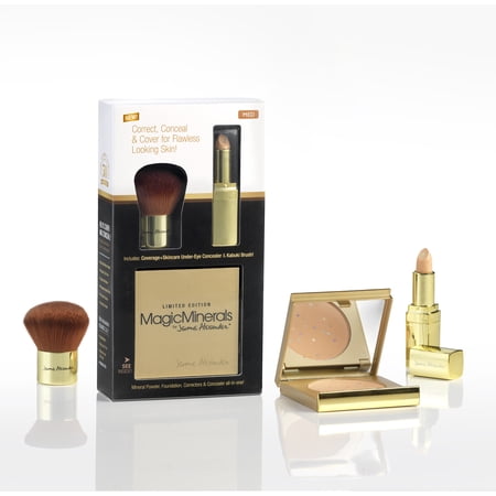 Jerome Alexander Complete 3 Piece Makeup Set - MagicMinerals Powder Foundation Gold Compact, Kabuki Brush, and CoverAge Under Eye Concealer