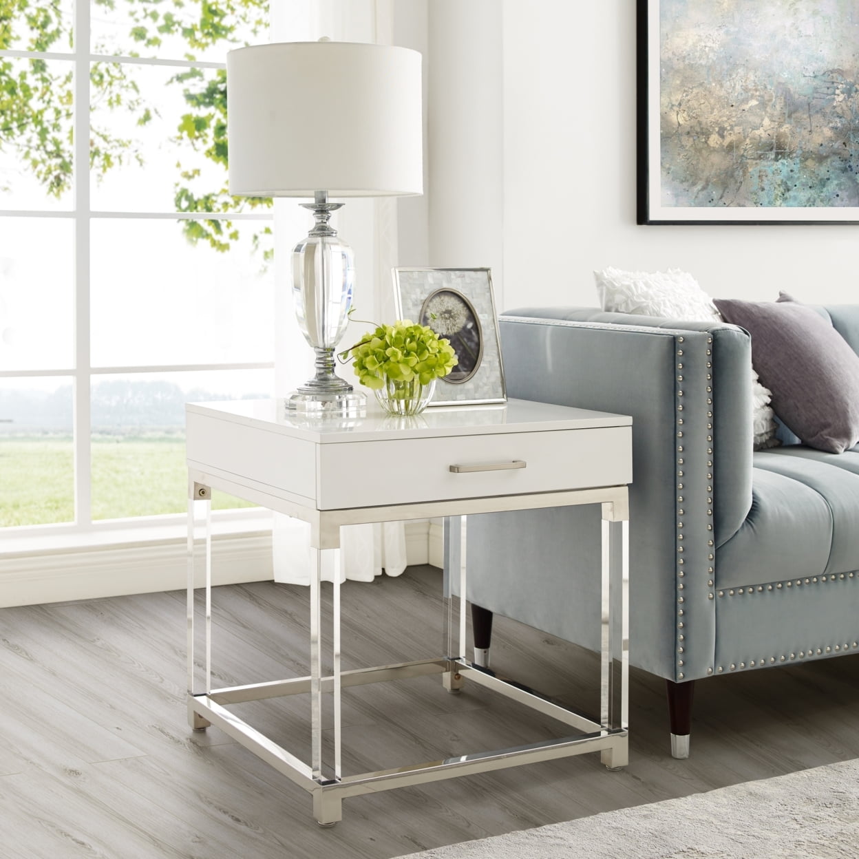 White and Chrome 1-Drawer End Table with Acrylic Legs