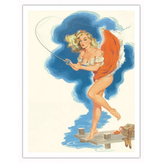 Jerri, Fond of Fishing - Vintage Pin Up Girl Print by Bill Randall c.1954 - Fine Art Matte Paper Print (Unframed) 20x26in