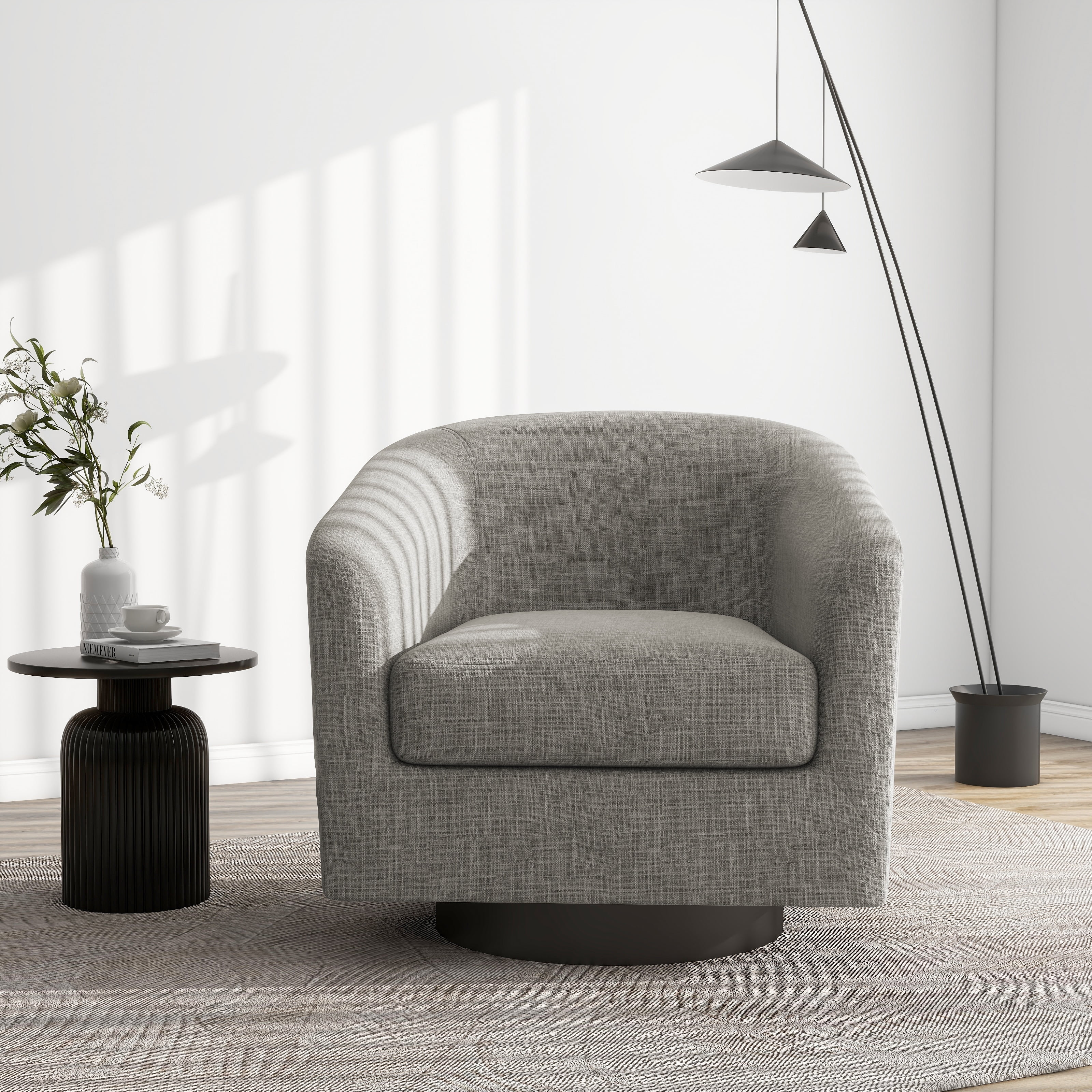 Gray Linen Swivel Barrel Accent Chair with Manufactured Wood Base
