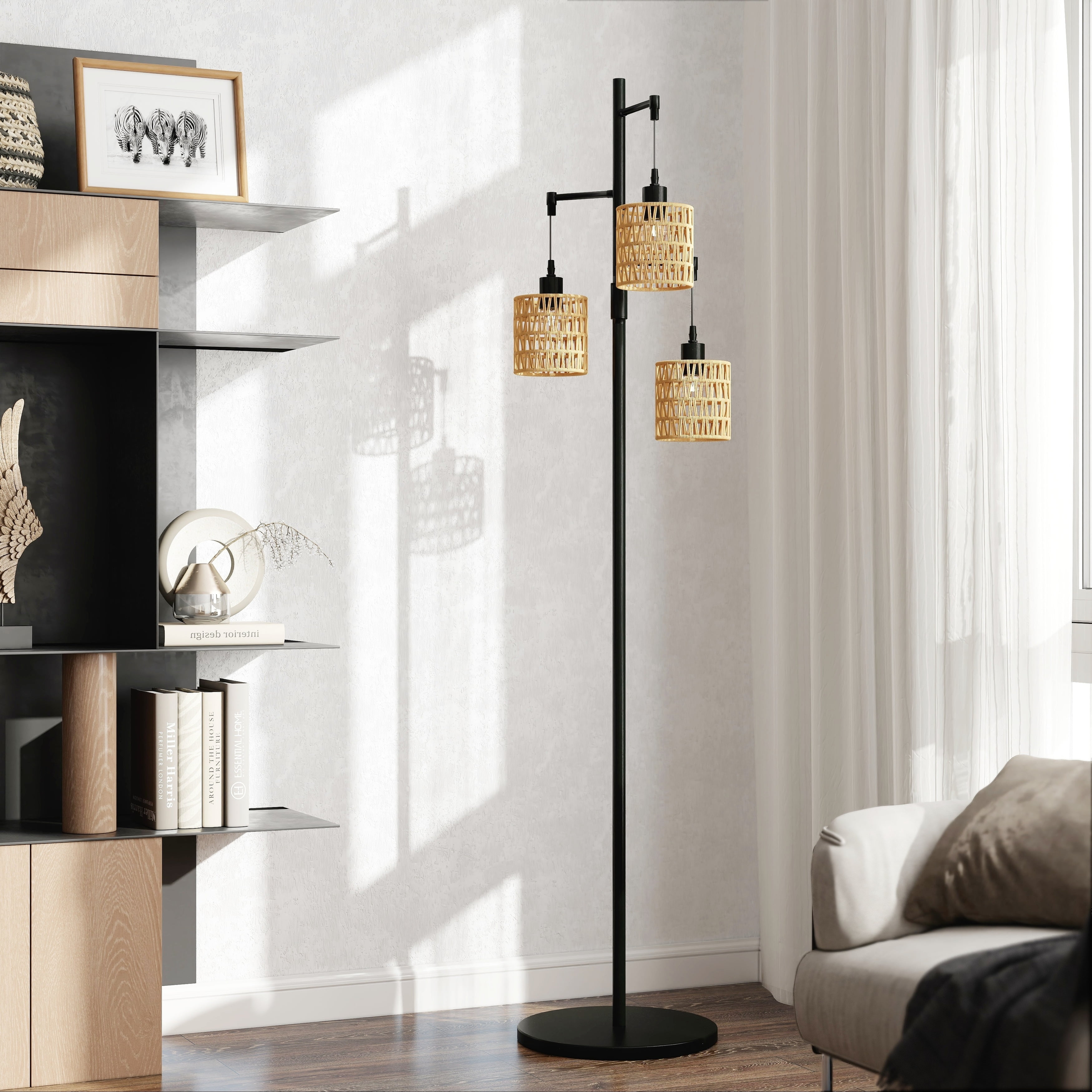 Black Adjustable Metal Floor Lamp with Rattan Drum Shades