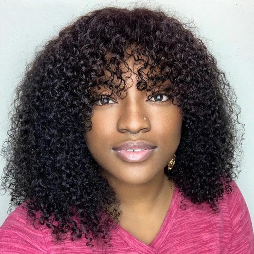Jerry Curly Bob Cut 100% Human Hair Wigs with Bangs Adjustable Non Lace Wigs for Women Suncolor Hair