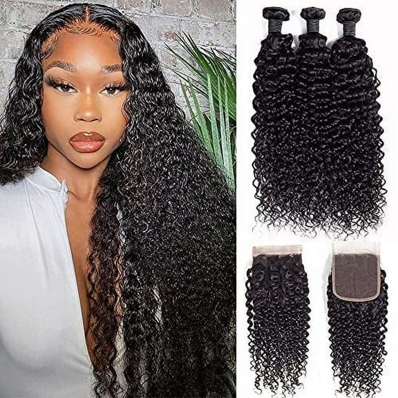 Jerry Curly Human Hair 3 Bundles with 4x4 Lace Closure Pre-Plucked 100% Unprocessed Brazilian Hair Weave Bundles Natural Black Color: 10"12"14"+ Closure 10"