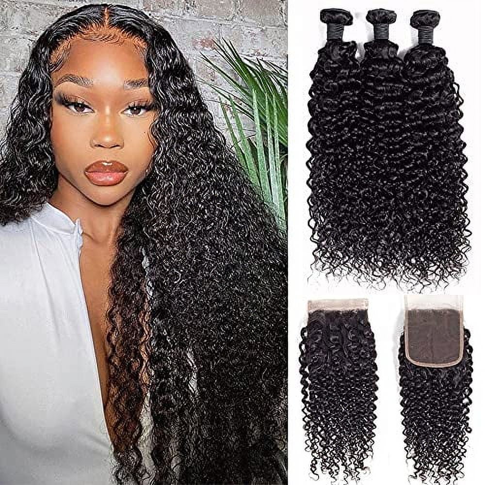 Jerry Curly Human Hair 3 Bundles with 4x4 Lace Closure Pre-Plucked 100% Unprocessed Brazilian Hair Weave Bundles Natural Black Color: 16"18"20"+ Closure 18"