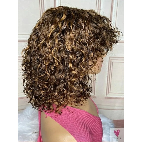 Jerry Curly Short Pixie Bob Cut Human Hair Wigs with Bangs Honey Blonde Ombre Color for Women - Remy Hair, Machine Made