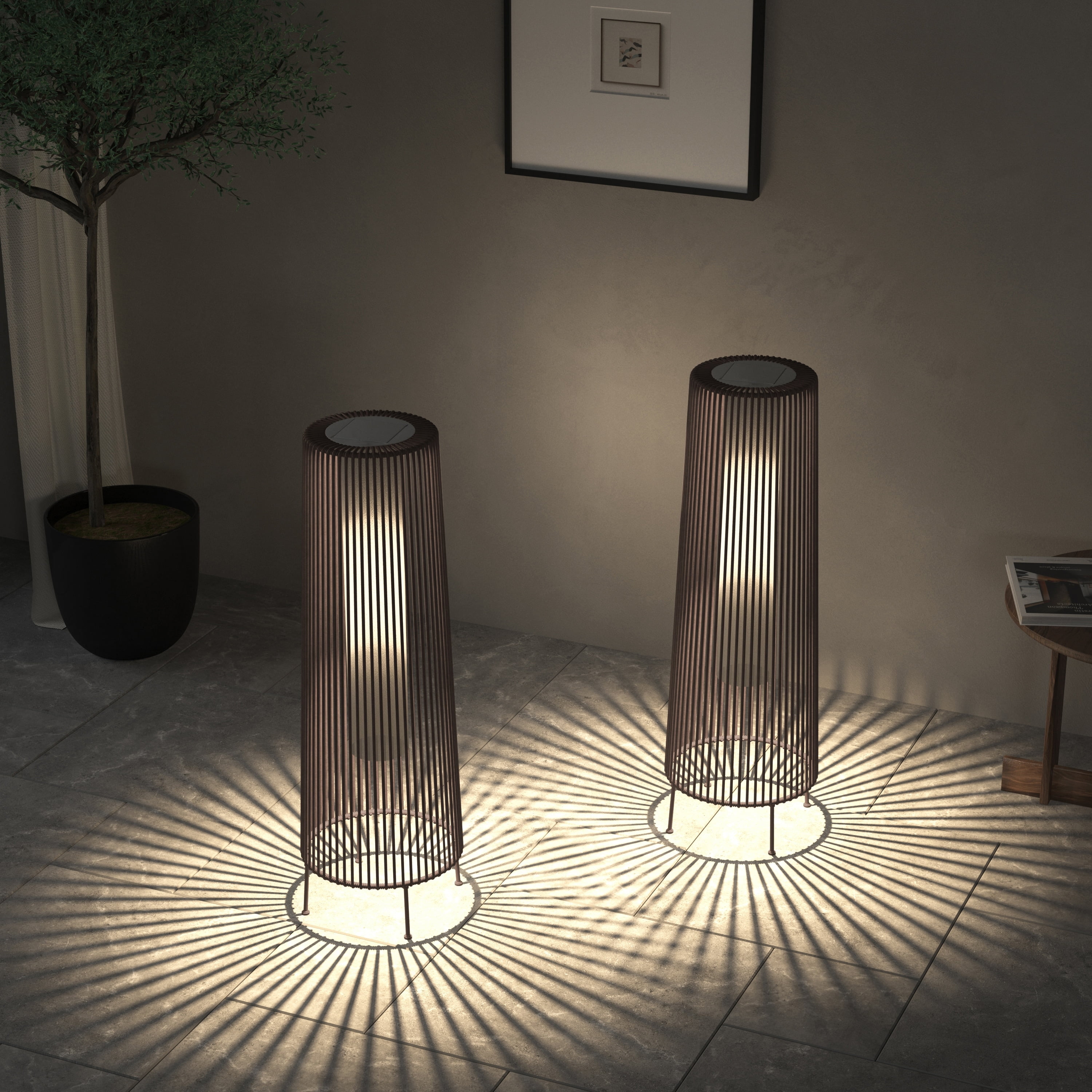 Light Brown Wicker Solar Floor Lamps with LED, 2-Pack