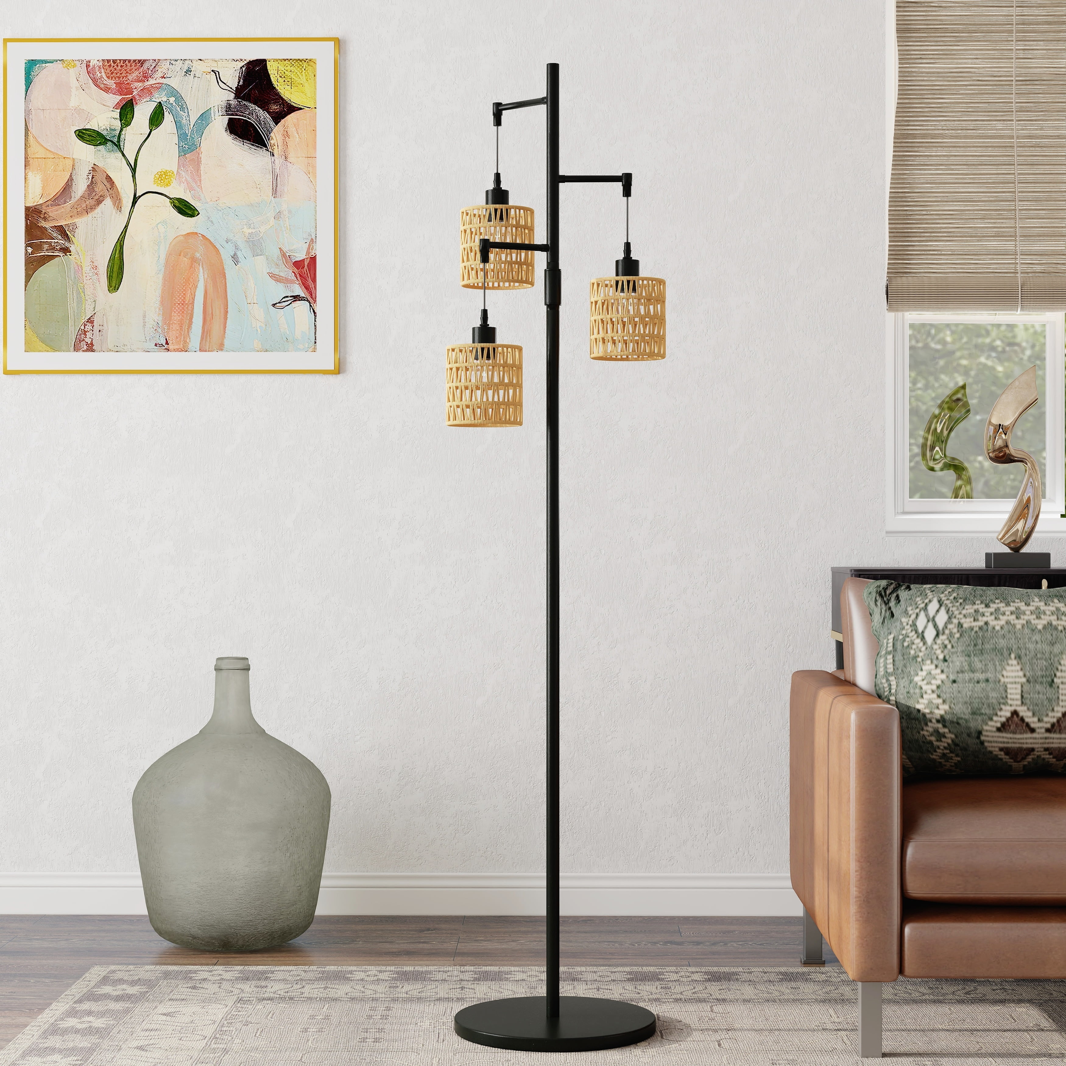 Black Metal Floor Lamp with Rattan Shades for Kids