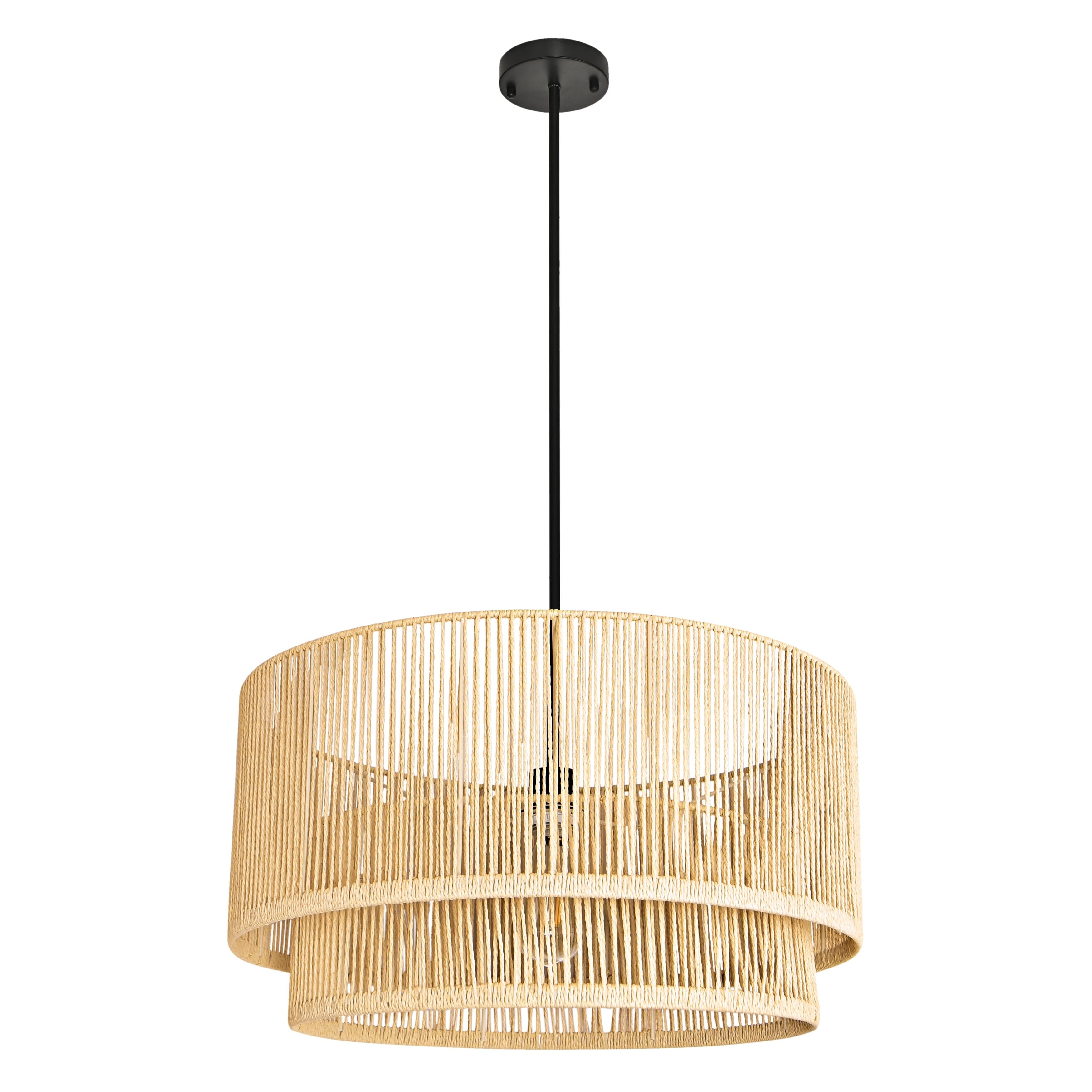 Natural Rattan 2-Tier Pendant Light with Black Metal Fixture