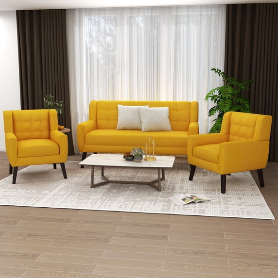 Lumibee Modern Tufted Faux Leather Upholstered Armchair Linen Accent Chairs Sets Yellow/Linen/3-Piece 2Chairs+1Sofa Wood,Cotton 3-Piece Cotton,Linen