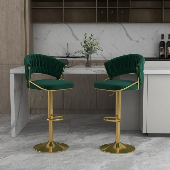 Jerry Guo Set of 2 Modern Velvet Adjustable Bar Stools with Backs Set of 2 - Dark Green