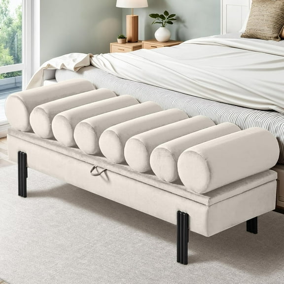 Jerry & Maggie 52-Inch Ottoman with Storage for Bedroom, Velvet Upholstered Bench with Arms, End-of-Bed Storage Bench, Entryway Seating Solution (Velvet, Beige)