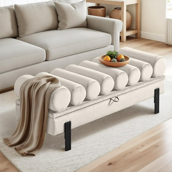Jerry & Maggie 52-Inch Ottoman with Storage for Bedroom, Velvet Upholstered Bench with Arms, End-of-Bed Storage Bench, Entryway Seating Solution (Velvet, Beige)