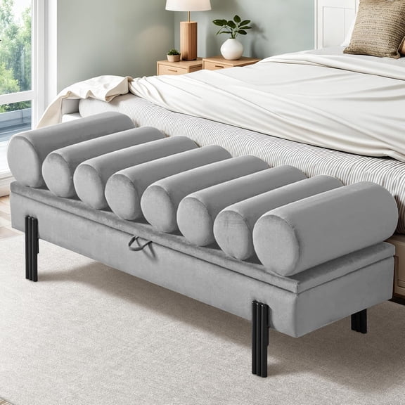 Jerry & Maggie 52-Inch Ottoman with Storage for Bedroom, Velvet Upholstered Bench with Arms, End-of-Bed Storage Bench, Entryway Seating Solution (Velvet, Grey)
