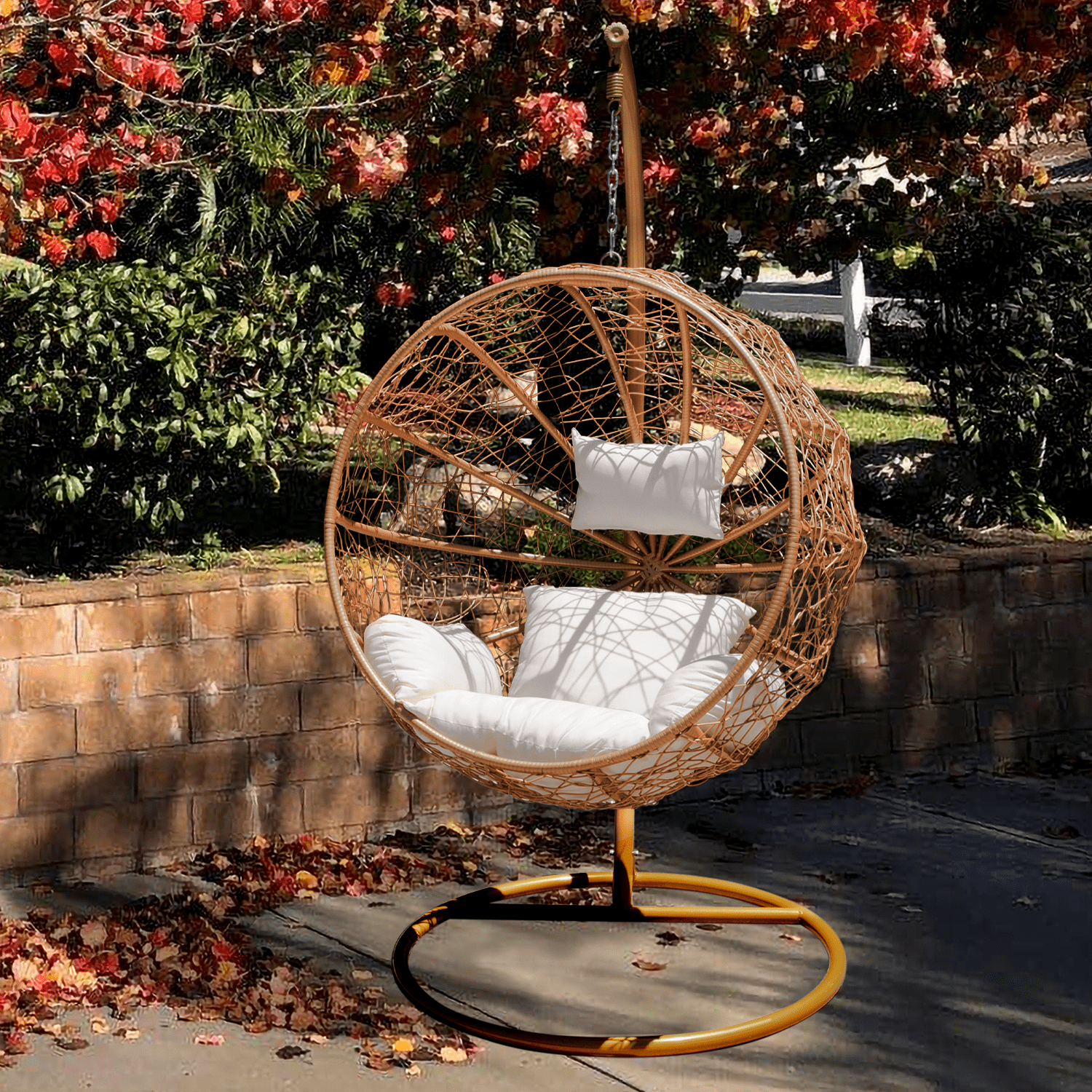 Jerry & Maggie - Patio Swing Chair Outdoor Cute Golden Nest Wicker Plastic  Swing Lounge Chair with Mat & Support Frame 