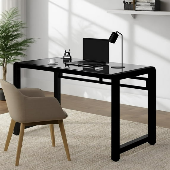 Jerry & Maggie - Tempered Glass Computer Desk Strength Sturdy Surface Laptop Desk Dinning Cocktail Table USB Accessory Attribute Professional Office Desk Modern Plain Legs Personal Workstation Black