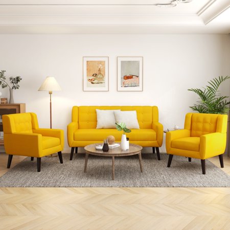 Jerry Modern Curved 63" Button Tufted Upholstered Loveseat with 2 Accent Chairs Yellow