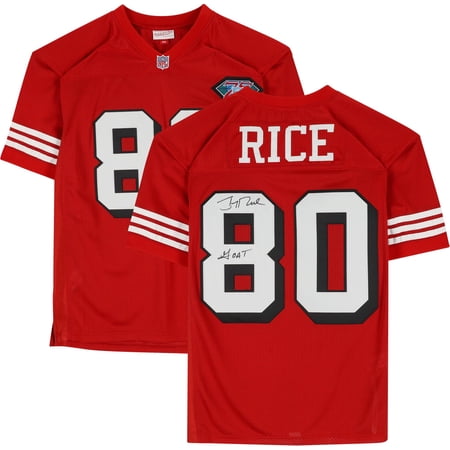 Jerry Rice San Francisco 49ers Autographed Red Mitchell & Ness Authentic Jersey with "GOAT" Inscription - Fanatics Authentic Certified