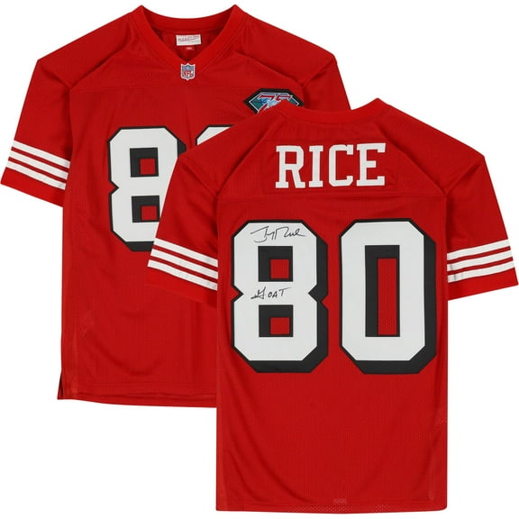 Jerry Rice San Francisco 49ers Autographed Red Mitchell & Ness Authentic Jersey with "GOAT" Inscription - Fanatics Authentic Certified