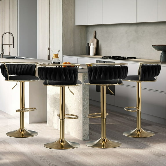 DREAMSIDEA Set of 4 Bar Stools Adjustable Swivel with Gold Frame BLACK GOLD