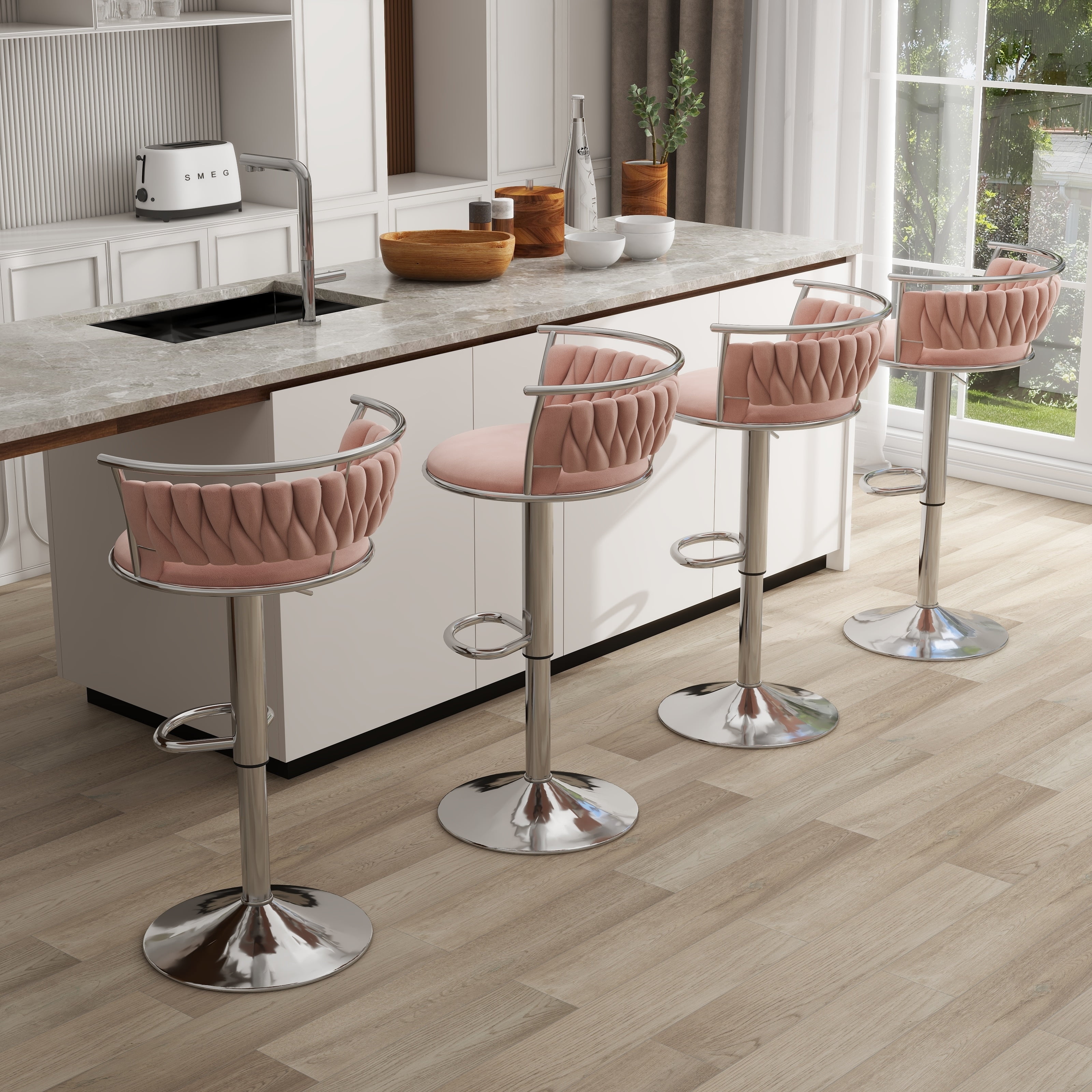 Jerry Set of 4 Bar Stools Adjustable Swivel with Gold Frame SILVER PINK