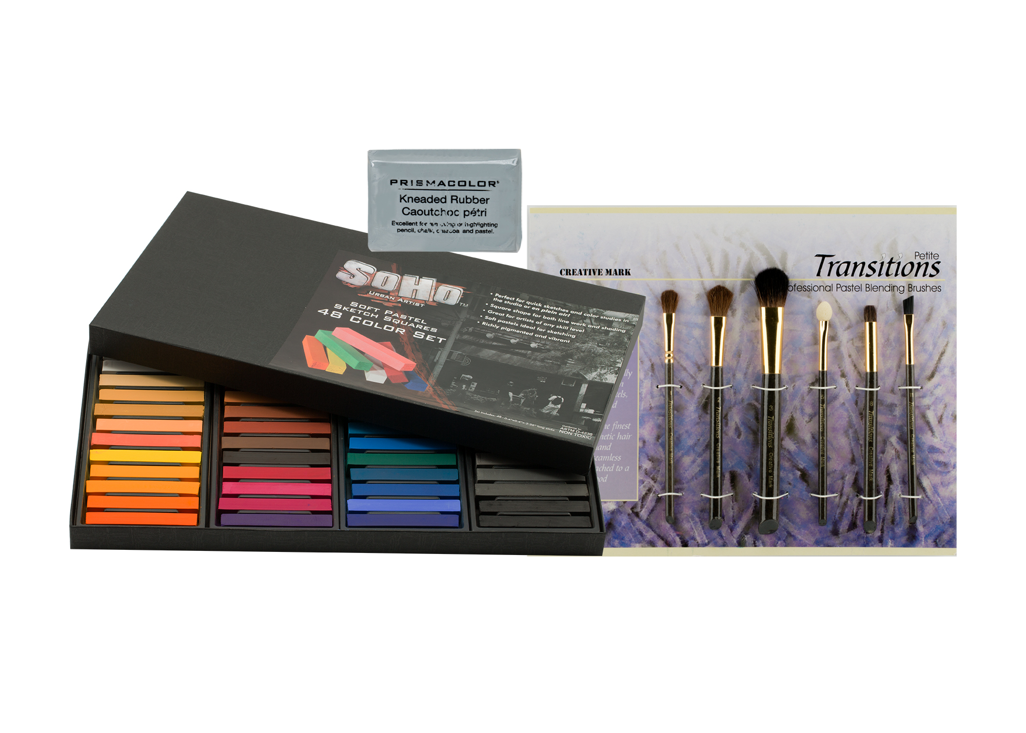 Jerry's Artarama Exclusive Soft Pastel Sketch Square Bundles - Includes Half-Stick Pastel Set, Transition Brushes, & Kneaded Eraser - Set of 48