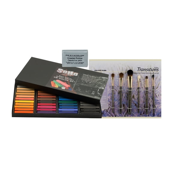 Jerry's Artarama Exclusive Soft Pastel Sketch Square Bundles - Includes Half-Stick Pastel Set, Transition Brushes, & Kneaded Eraser - Set of 48