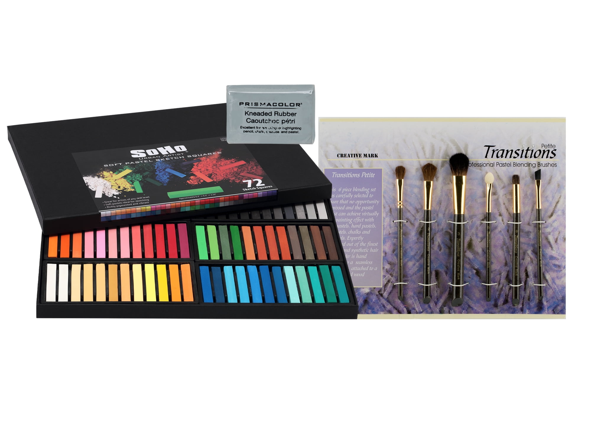 Jerry's Artarama Exclusive Soft Pastel Sketch Square Bundles - Includes Half-Stick Pastel Set, Transition Brushes, & Kneaded Eraser - Set of 72