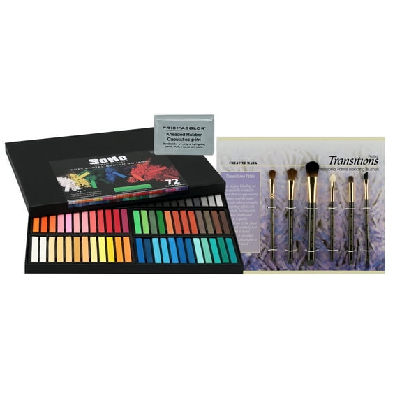 Jerry's Artarama Exclusive Soft Pastel Sketch Square Bundles - Includes Half-Stick Pastel Set, Transition Brushes, & Kneaded Eraser - Set of 72