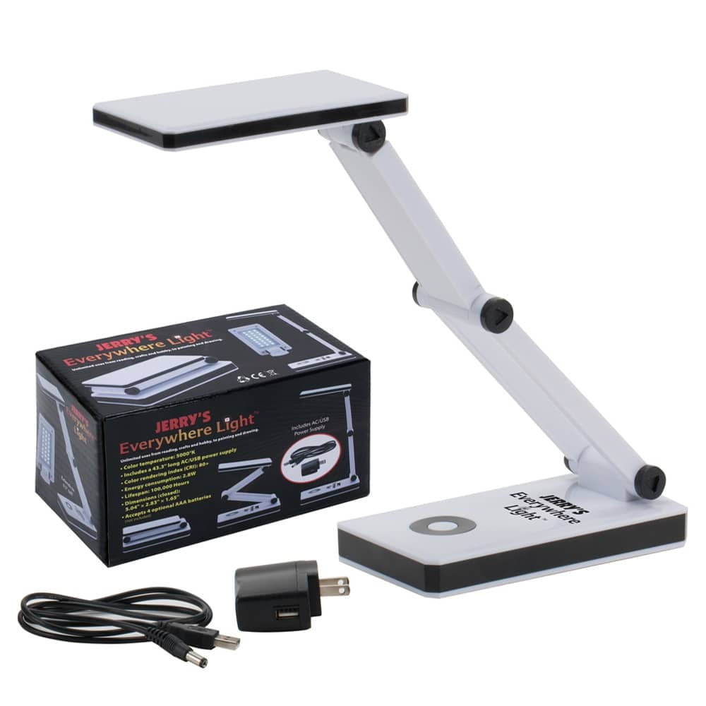 Jerry's Artarama Portable LED Desk Lamp - Flexible Gooseneck, Adjustable Level 24 LEDs, Stepless Dimming Desk Lamp, Perfect for Crafting - Includes AC/USB Power Supply (Optional AA Battery) - White