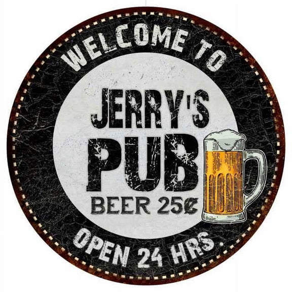 Jerry's Pub 14" Round Metal Sign Beer Bar Black Wall Decor Gift 100140039184