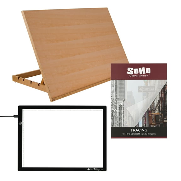 Jerrys Artarama Professional Artist Tracing Set - LED Light Pad, Drawing Tablet, Adjustable Light Board with Magnetic Surface and Vellum Paper Sketchbook (50 Sheets), Perfect for Tattoo Artists