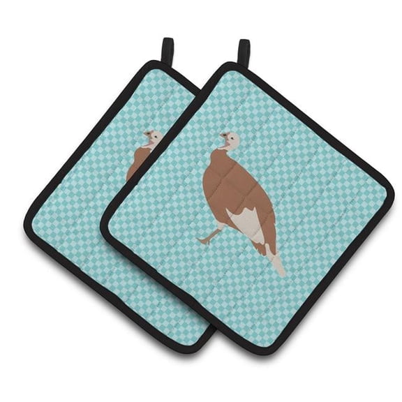 Jersey Buff Turkey Hen Blue Check Pair of Pot Holders - Blue