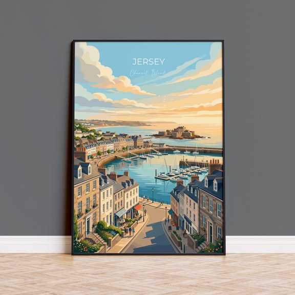 Jersey Channel Islands Travel Print Coastal Wall Art Harbour & Seaside Poster British Island Illustration Vintage Style Uk Decor