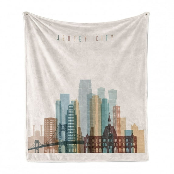 Jersey City Soft Flannel Fleece Throw Blanket, New Jersey Skyline with Big American Town Buildings with Bridge Urban Print, Cozy Plush for Indoor and Outdoor Use, 50" x 60", Multicolor, by Ambesonne