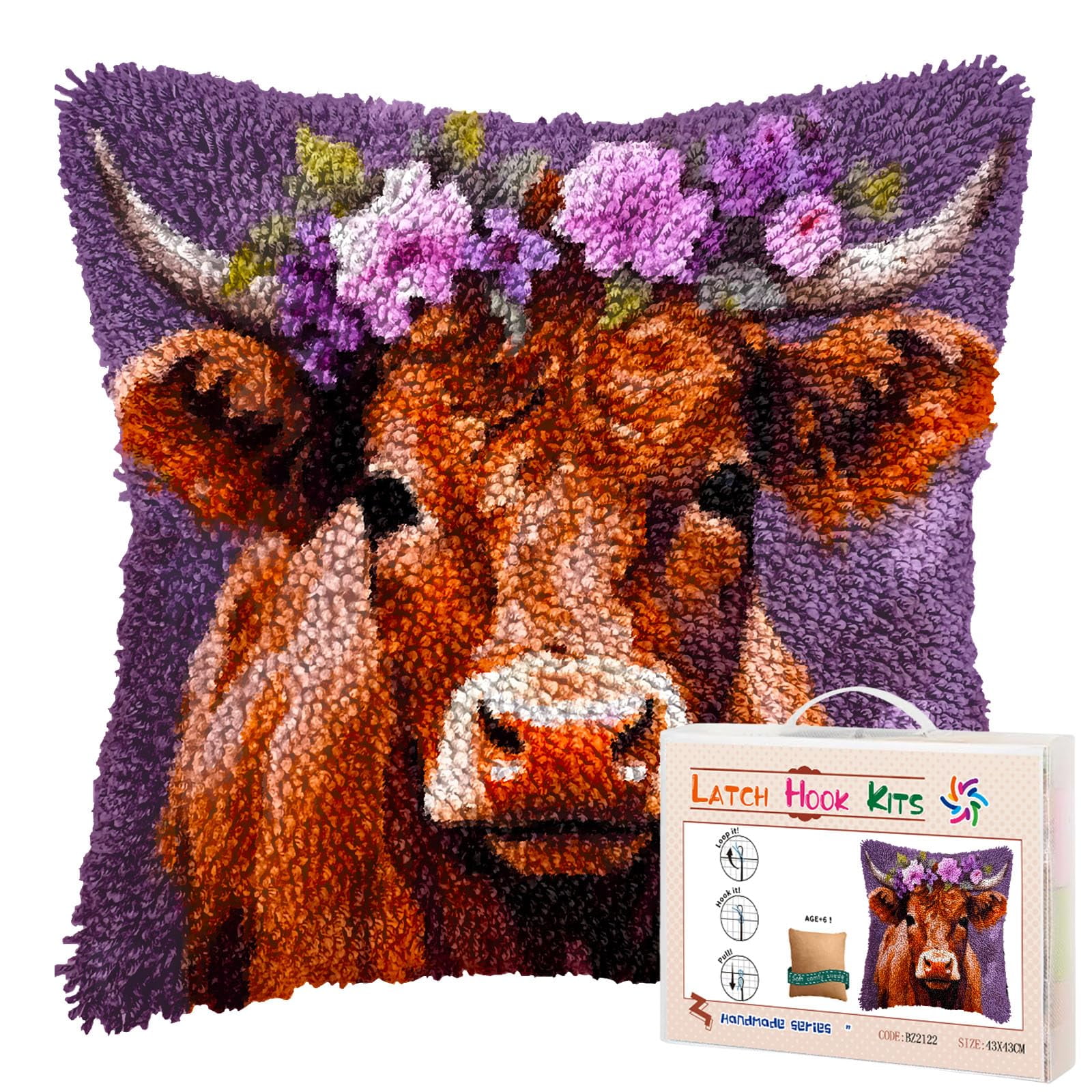 Jersey Cow Wear Wreath DIY Latch Hook Pillow Kits for Adults Printed Pillowcase Crochet Yarns Hooking Handmade Pillow Cover Cushion for Home Sofa Decoration 17x17inch