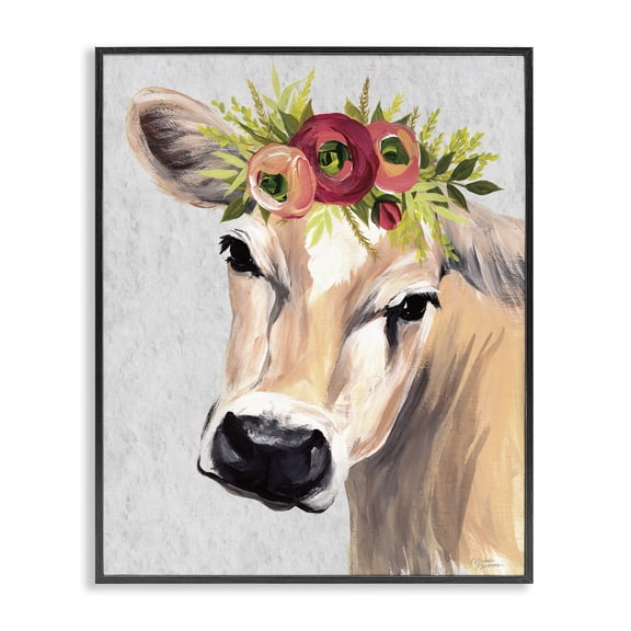 Stupell Industries Jersey Cow with Floral Crown Black Framed Giclee Art, design by Michele Norman