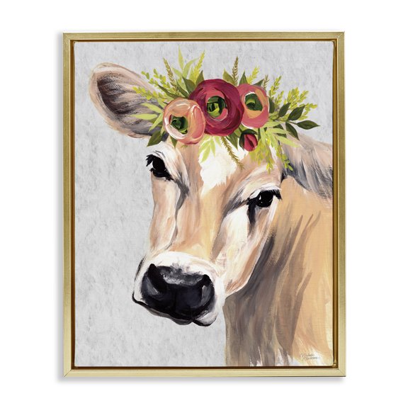 Stupell Industries Jersey Cow with Floral Crown Gold Framed Floater Canvas Wall Art, design by Michele Norman