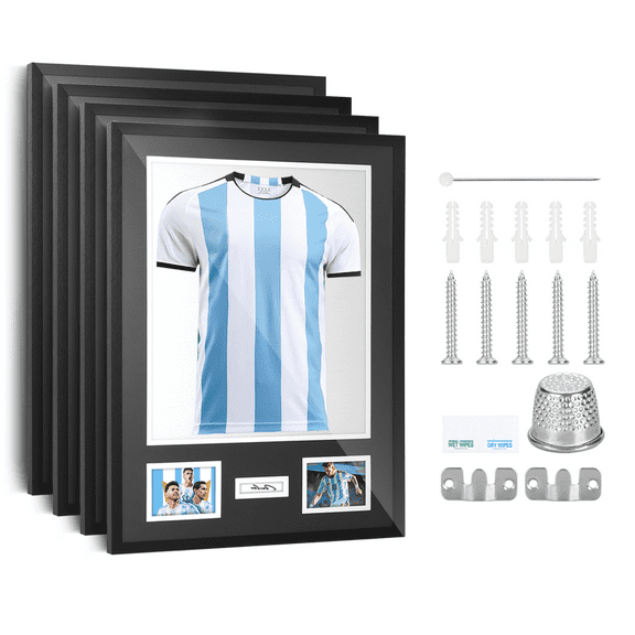 Jersey Display Frame with Photo & Signature Slots, Premium T-Shirt Shadow Box for Football, Basketball, Soccer & Baseball Memorabilia (4 Pack)