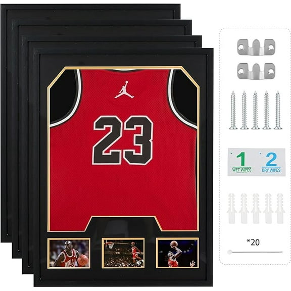Jersey Display Frame with Picture Slots, T-Shirt Shadow Box for Soccer, Football, Basketball & Baseball Collectibles (4 Pack)